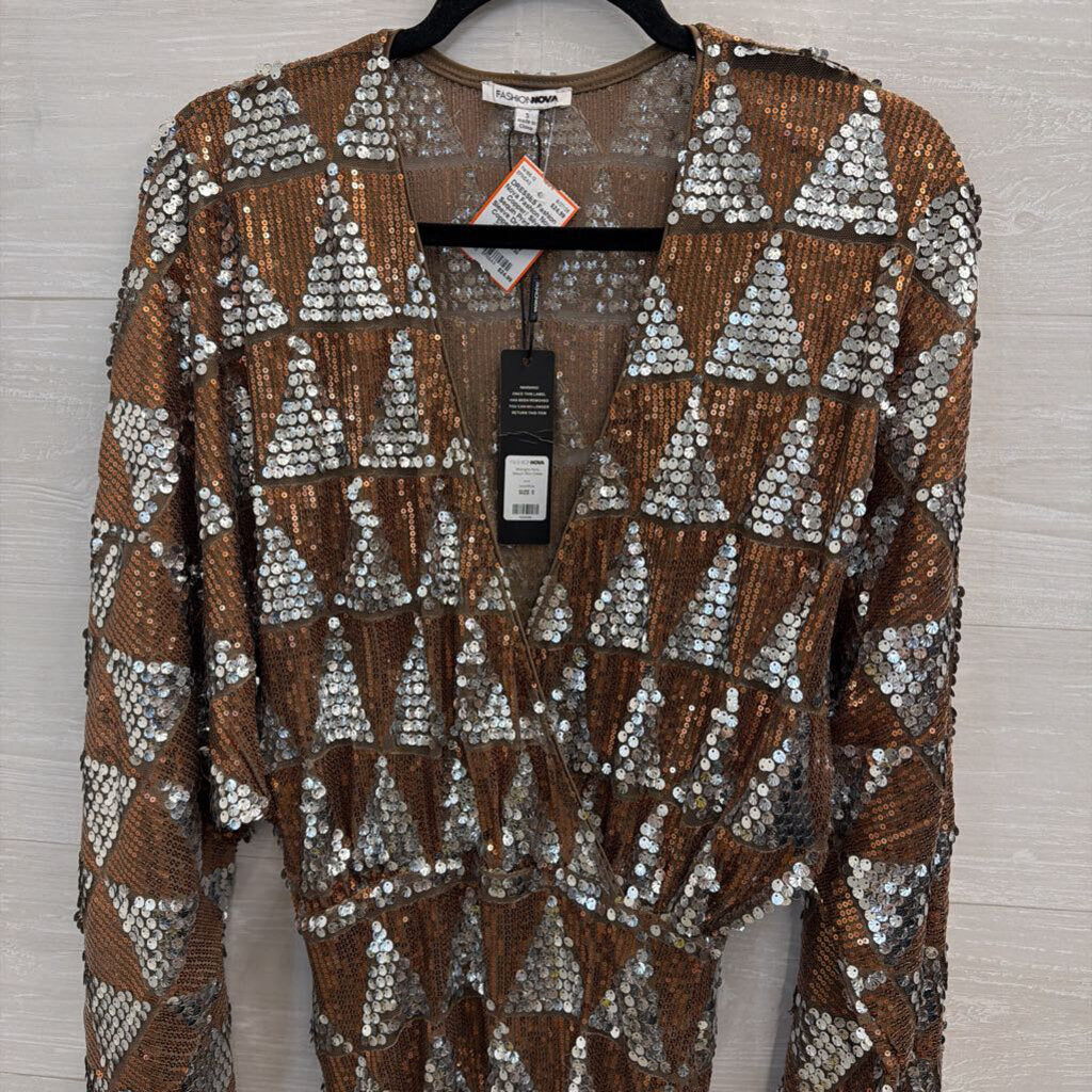 Fashion Nova Copper/ Silver Sequin Print Long Sleeve Dress Small