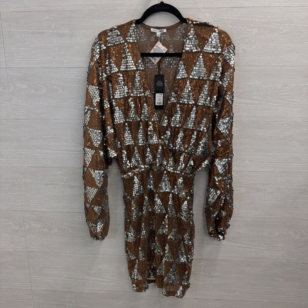 Fashion Nova Copper/ Silver Sequin Print Long Sleeve Dress Small