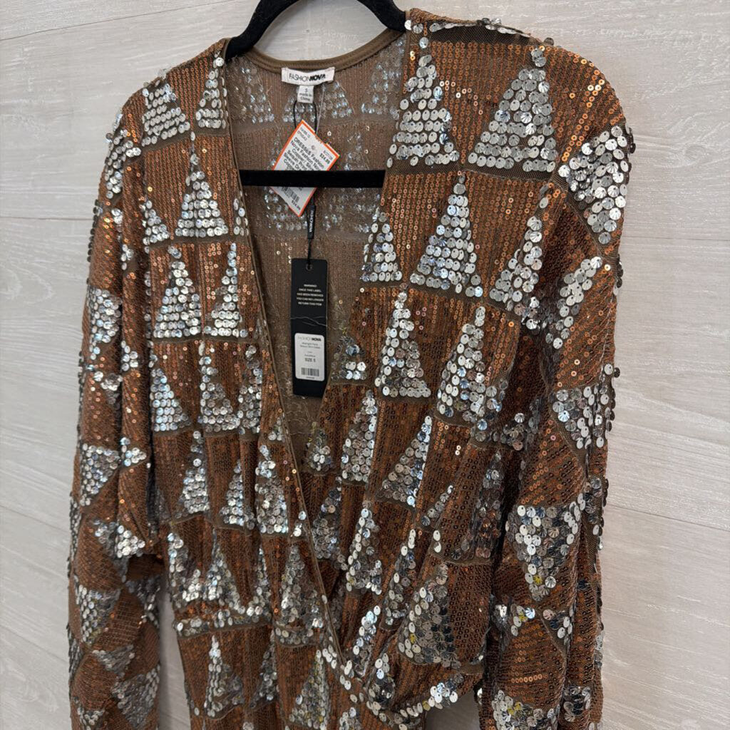 Fashion Nova Copper/ Silver Sequin Print Long Sleeve Dress Small