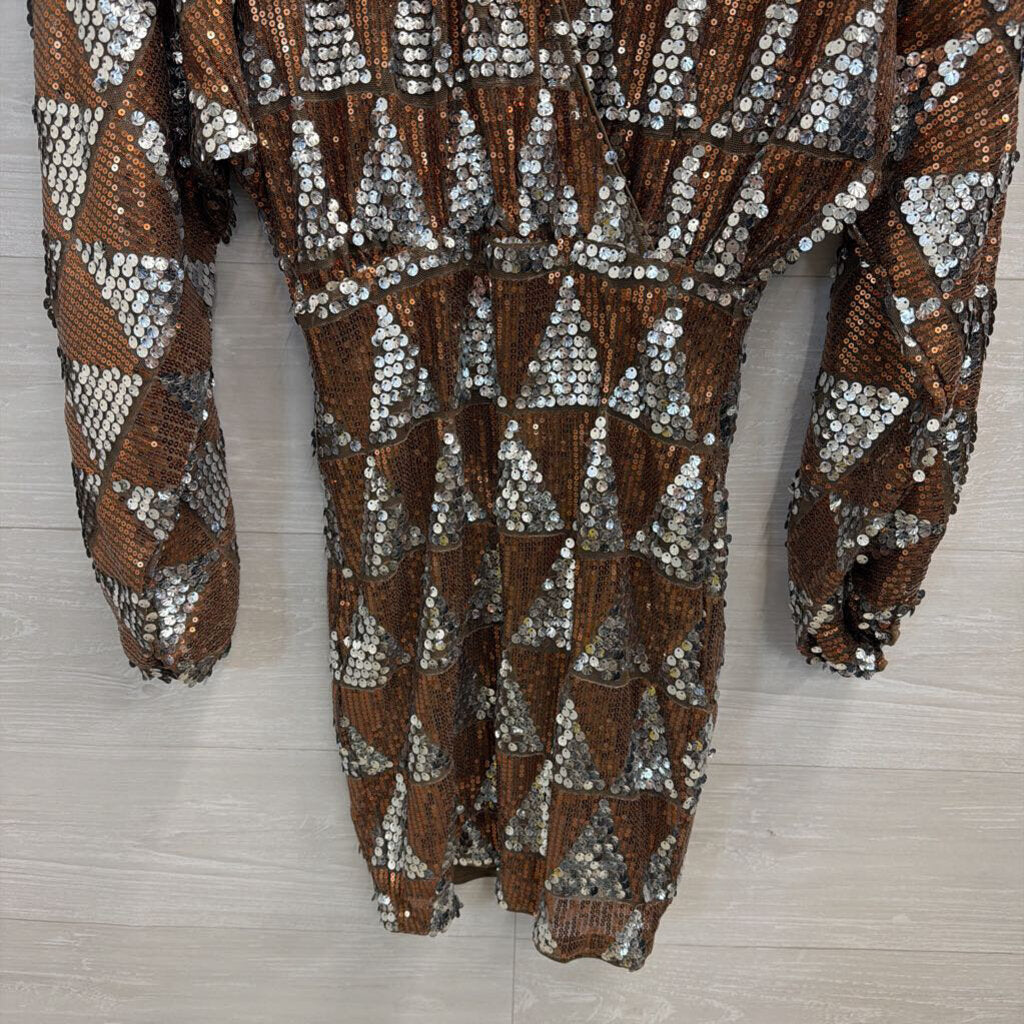 Fashion Nova Copper/ Silver Sequin Print Long Sleeve Dress Small
