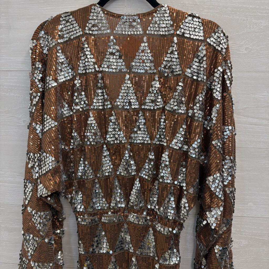 Fashion Nova Copper/ Silver Sequin Print Long Sleeve Dress Small