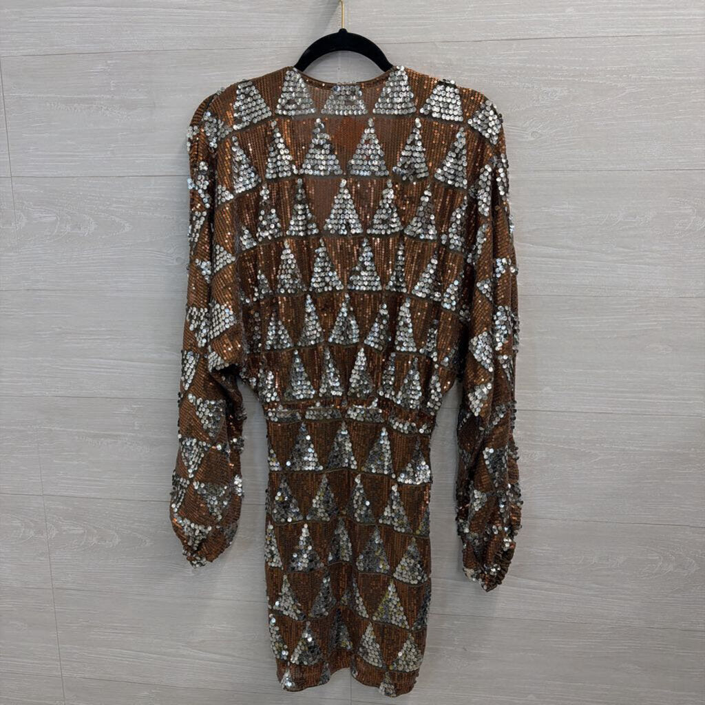 Fashion Nova Copper/ Silver Sequin Print Long Sleeve Dress Small