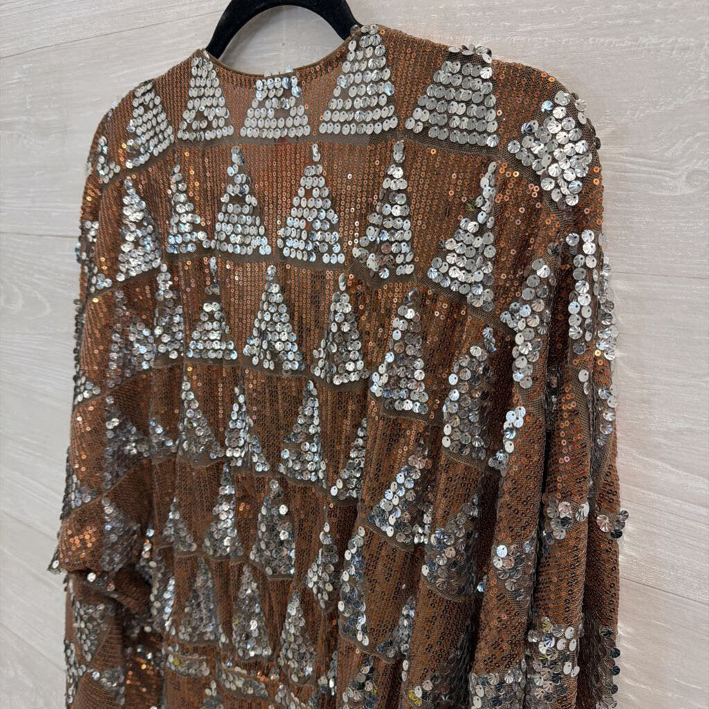 Fashion Nova Copper/ Silver Sequin Print Long Sleeve Dress Small