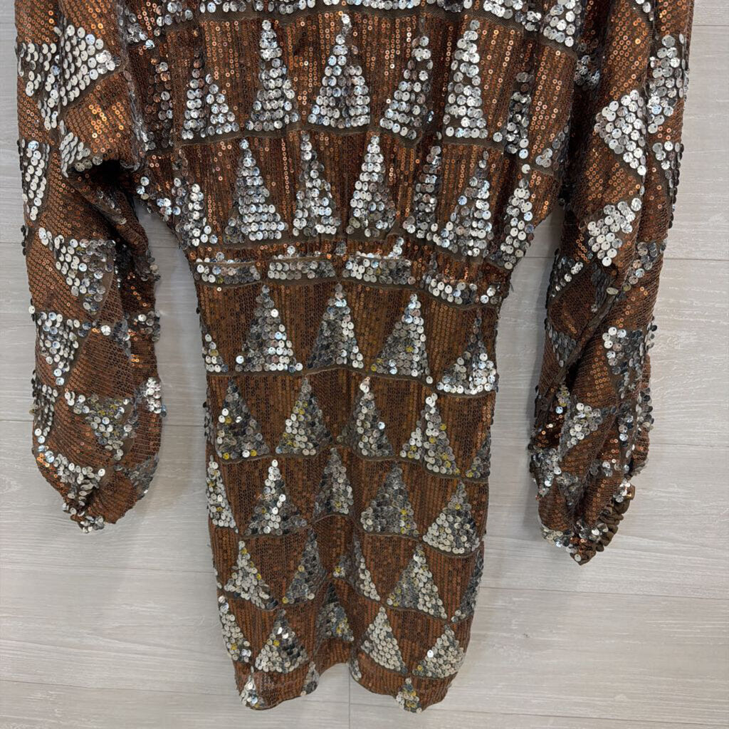 Fashion Nova Copper/ Silver Sequin Print Long Sleeve Dress Small