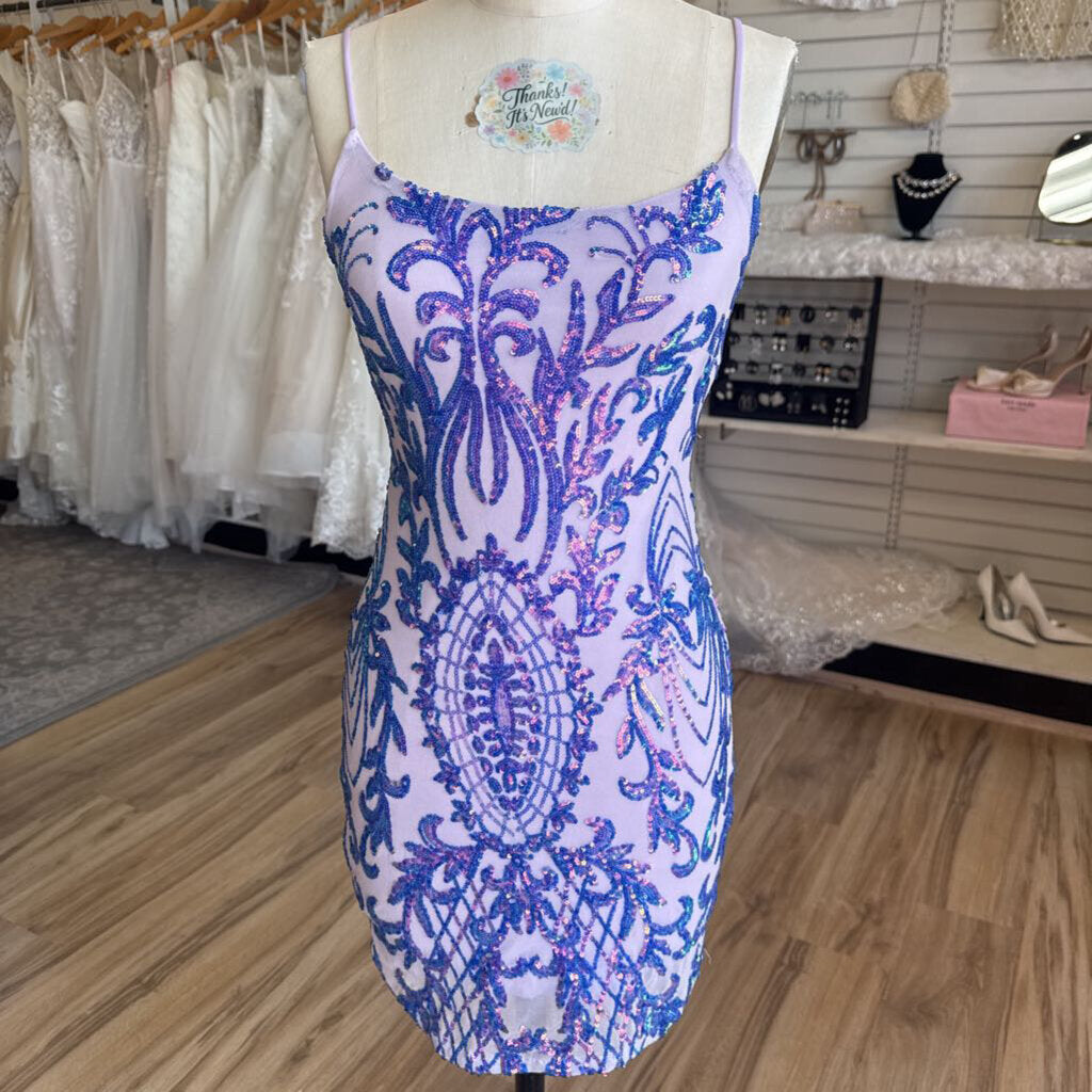 Crystal Sky Purple Sequin Print Short Formal Dress Small