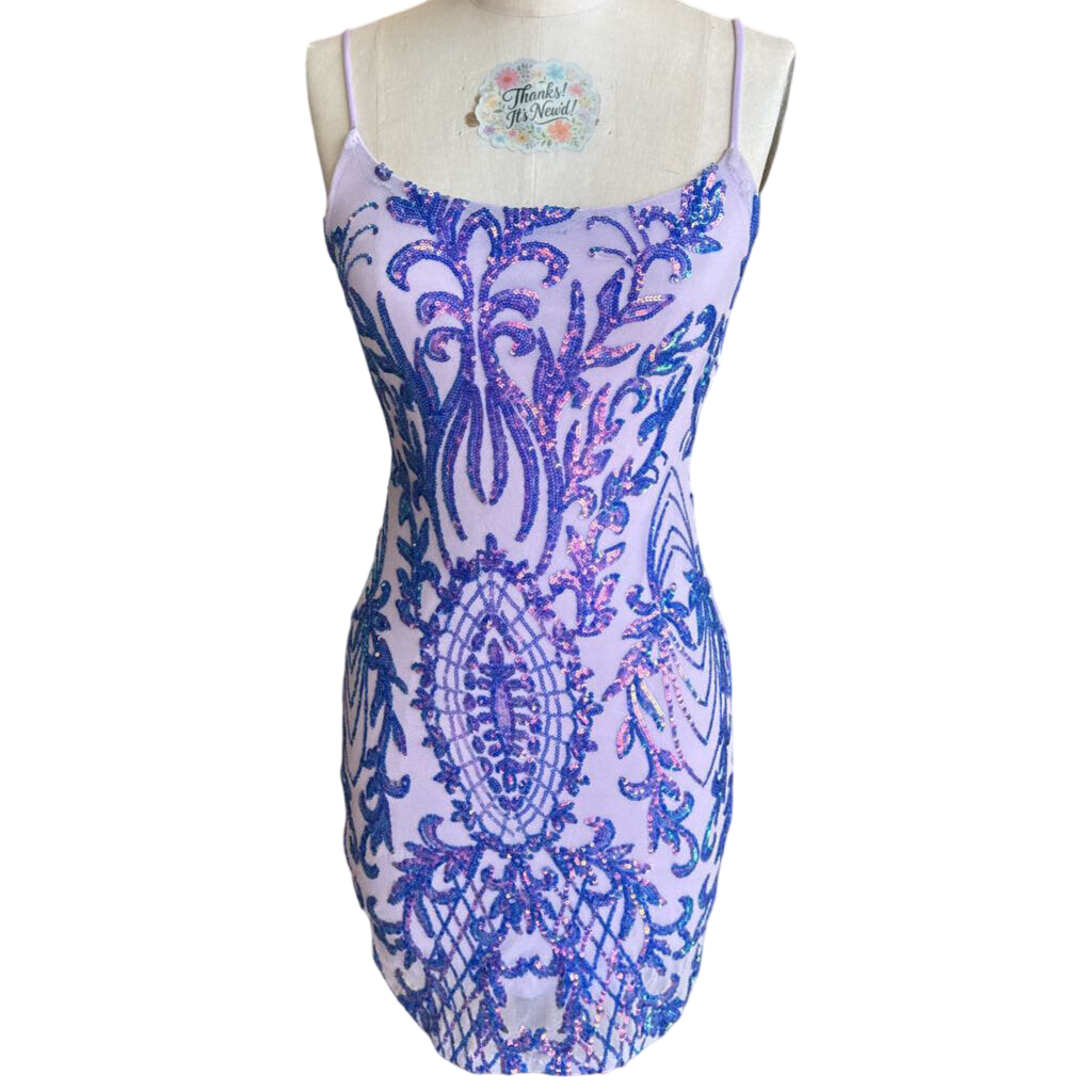 Crystal Sky Purple Sequin Print Short Formal Dress Small