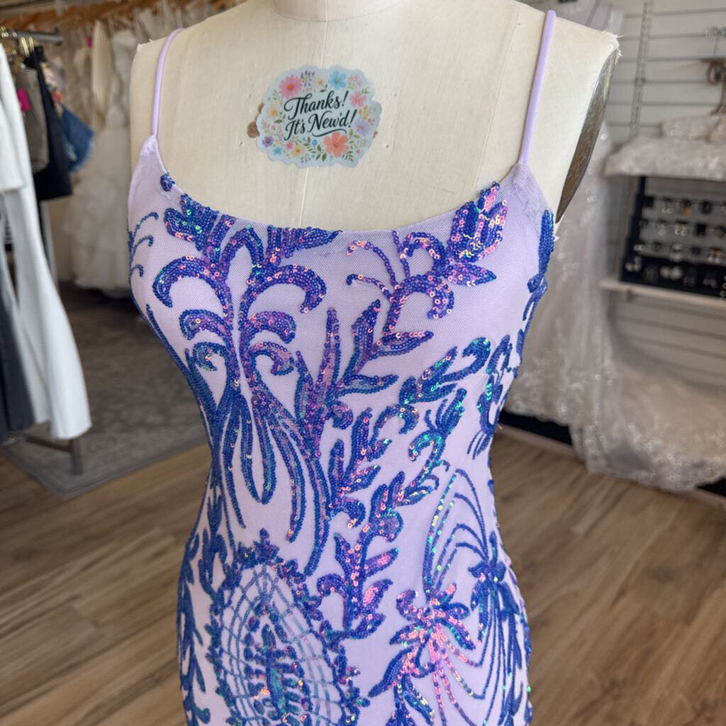 Crystal Sky Purple Sequin Print Short Formal Dress Small