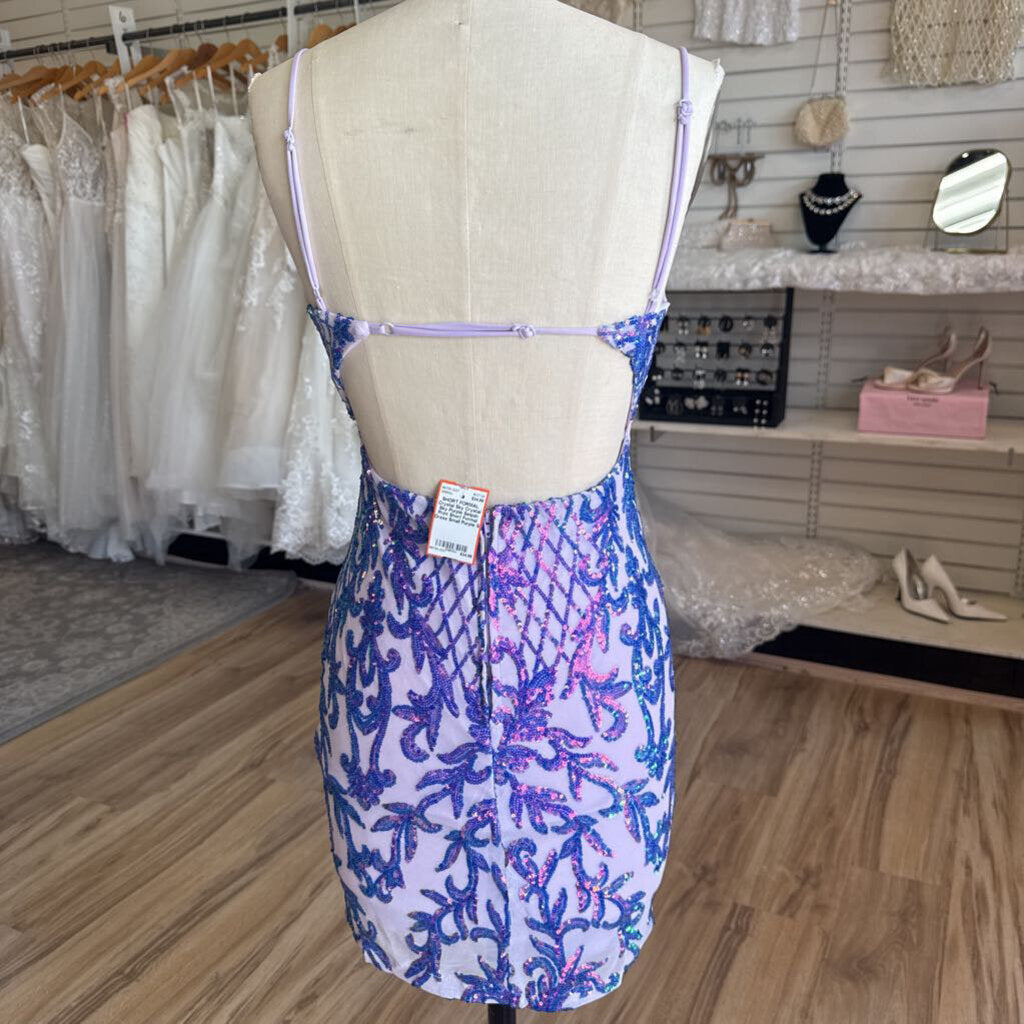 Crystal Sky Purple Sequin Print Short Formal Dress Small