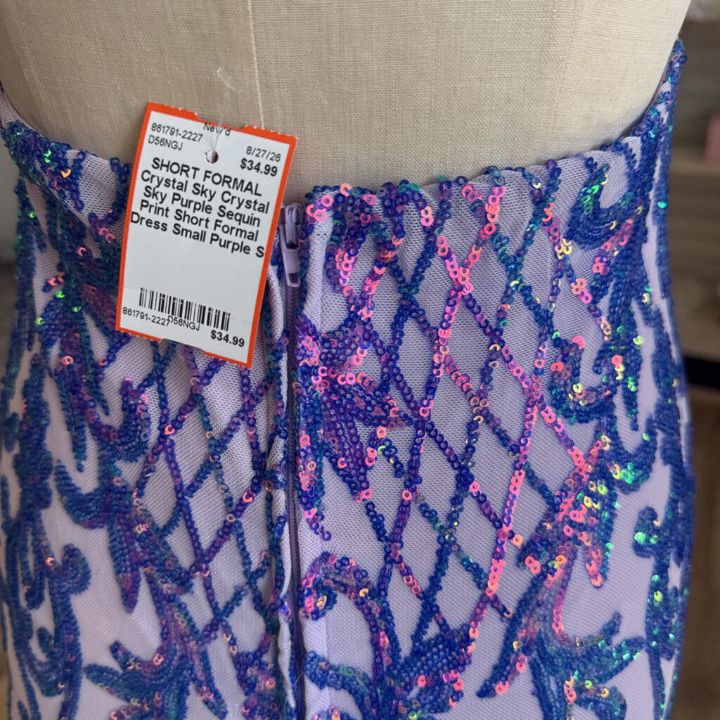 Crystal Sky Purple Sequin Print Short Formal Dress Small