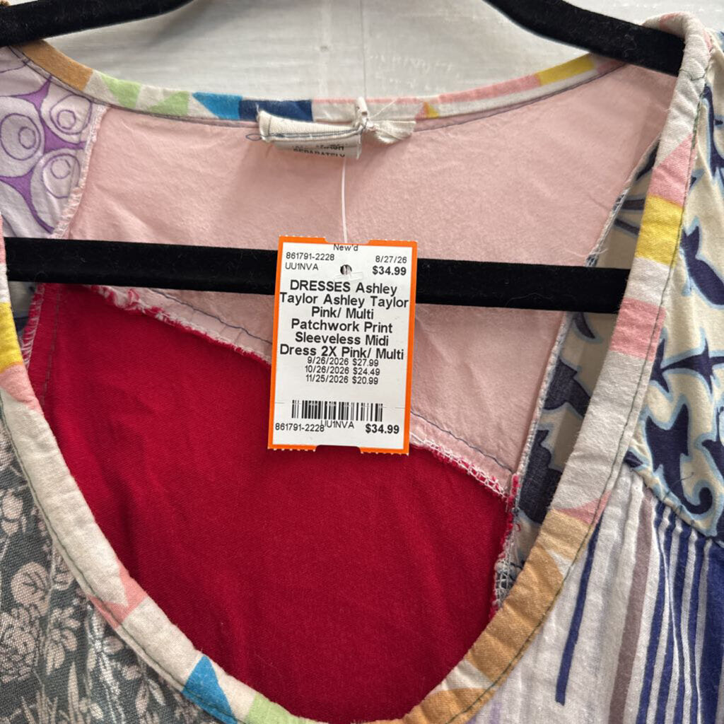 Ashley Taylor Pink/ Multi Patchwork Print Sleeveless Midi Dress 2X