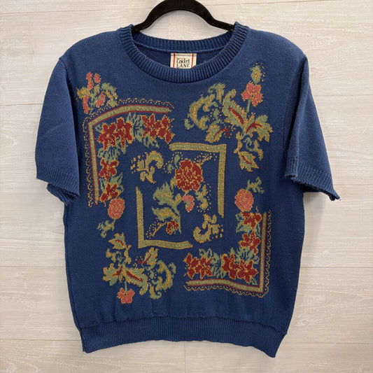 Vintage Cricket Lane Blue/ Multi Print Knit Short Sleeve Top Large