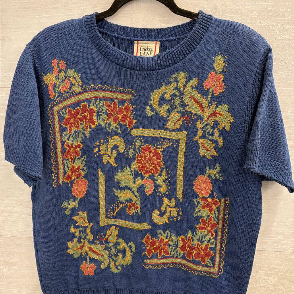 Vintage Cricket Lane Blue/ Multi Print Knit Short Sleeve Top Large