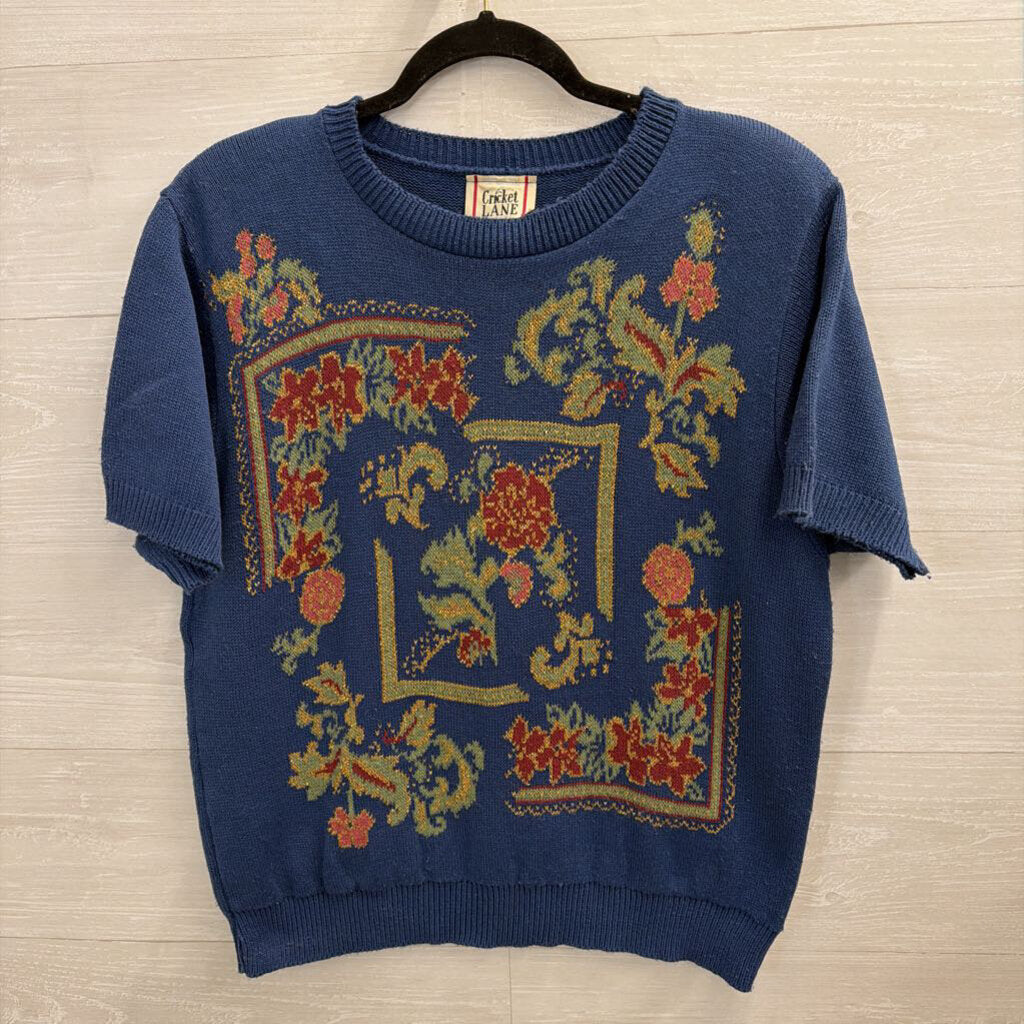 Vintage Cricket Lane Blue/ Multi Print Knit Short Sleeve Top Large