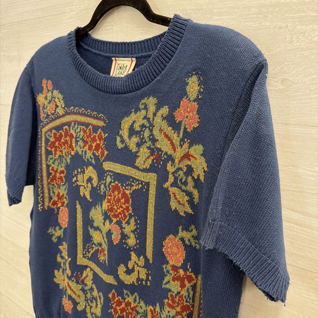 Vintage Cricket Lane Blue/ Multi Print Knit Short Sleeve Top Large