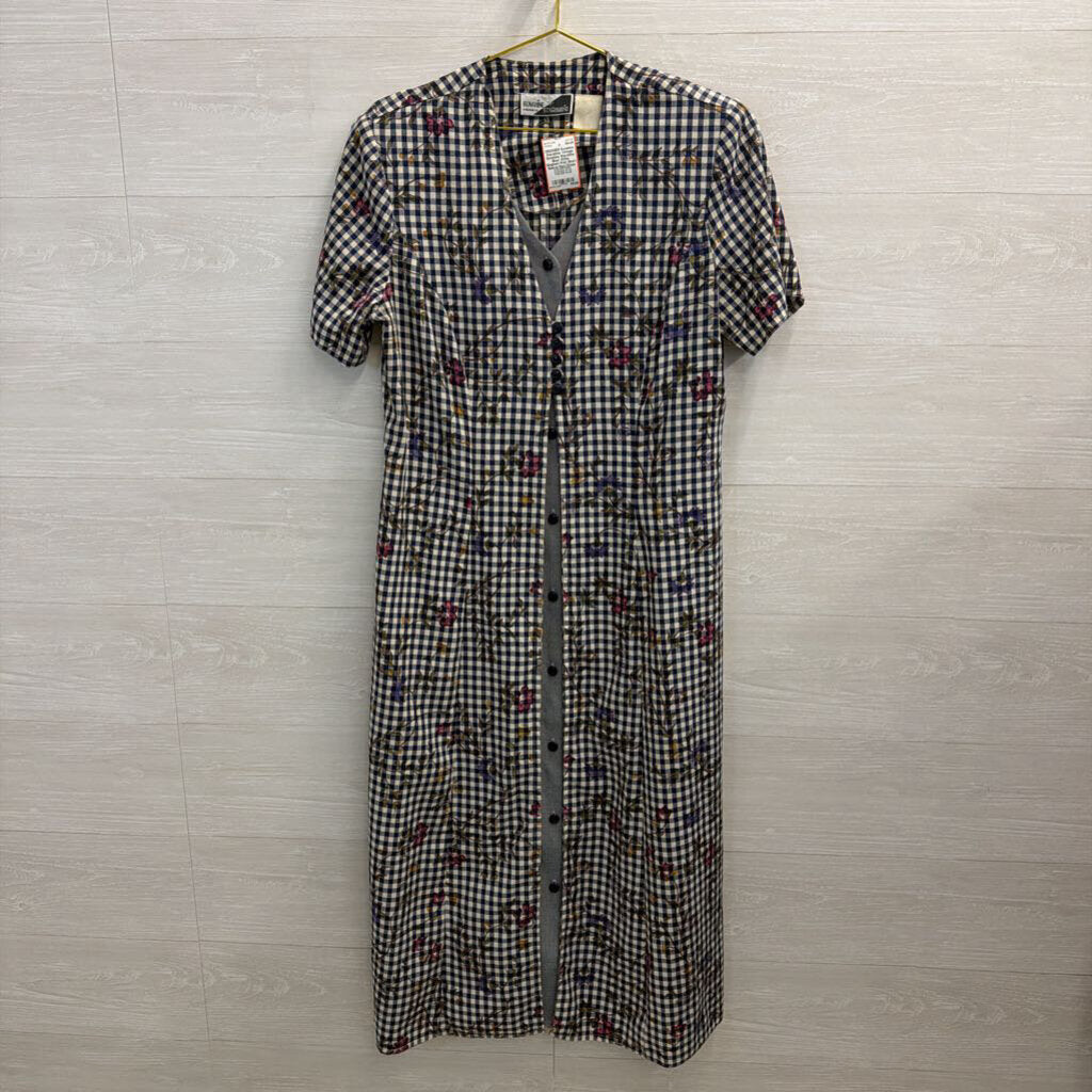Vintage Sunshine Starshine Blue/ White Gingham Print Short Sleeve Maxi Dress Medium