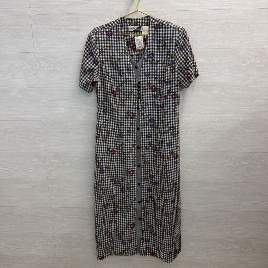 Vintage Sunshine Starshine Blue/ White Gingham Print Short Sleeve Maxi Dress Medium