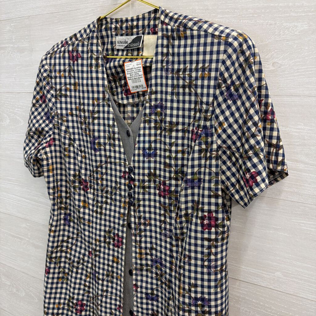 Vintage Sunshine Starshine Blue/ White Gingham Print Short Sleeve Maxi Dress Medium