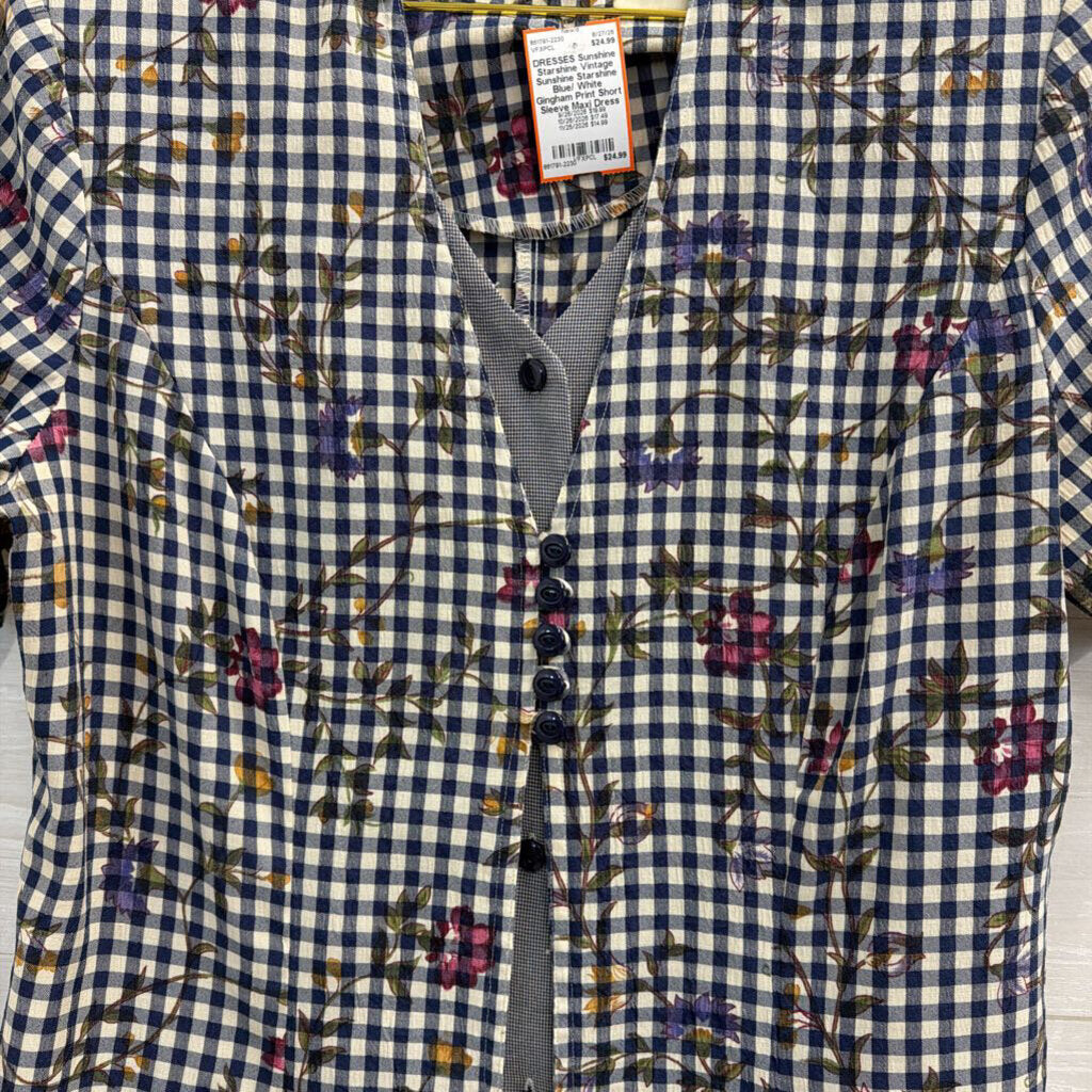 Vintage Sunshine Starshine Blue/ White Gingham Print Short Sleeve Maxi Dress Medium