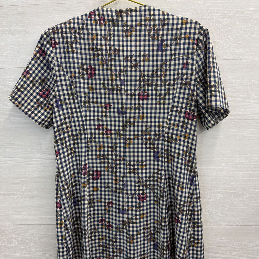 Vintage Sunshine Starshine Blue/ White Gingham Print Short Sleeve Maxi Dress Medium
