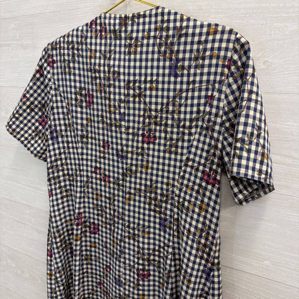 Vintage Sunshine Starshine Blue/ White Gingham Print Short Sleeve Maxi Dress Medium