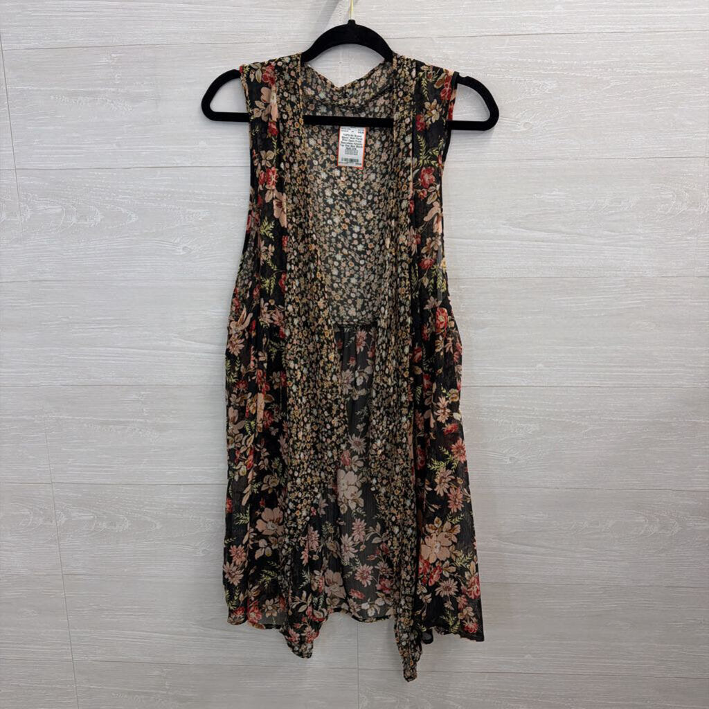 Black/ Multi Floral Print Open Front Sleeveless Kimono Top One Size