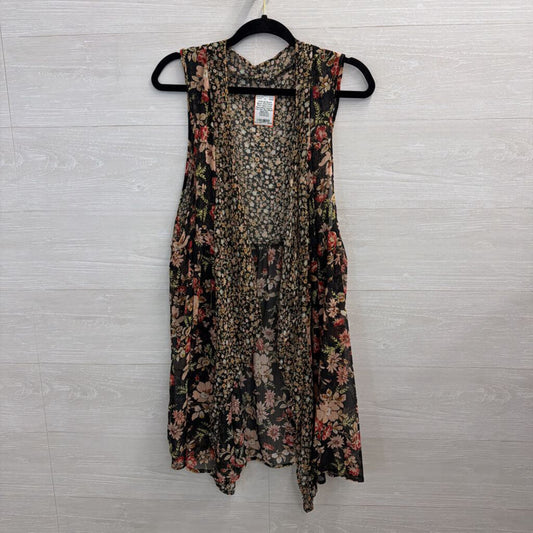 Black/ Multi Floral Print Open Front Sleeveless Kimono Top One Size