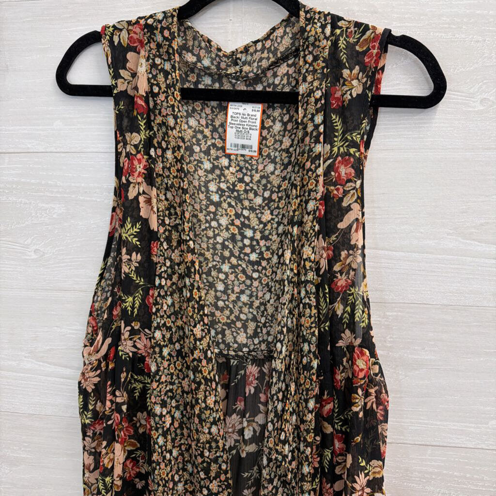 Black/ Multi Floral Print Open Front Sleeveless Kimono Top One Size