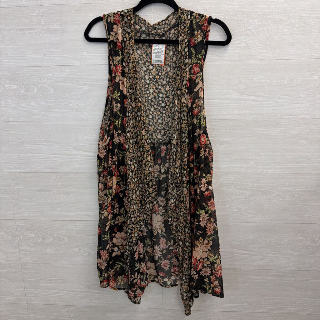 Black/ Multi Floral Print Open Front Sleeveless Kimono Top One Size