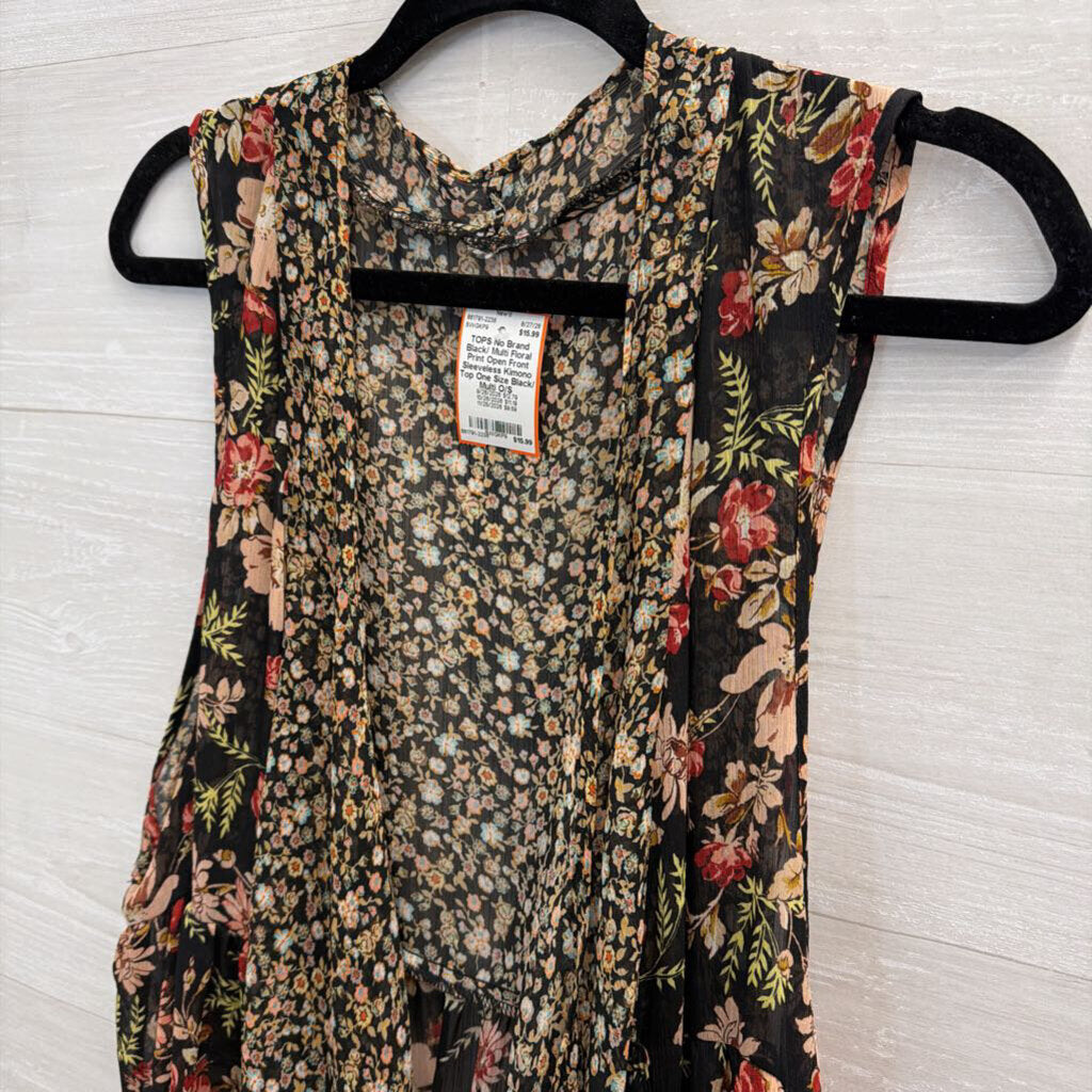 Black/ Multi Floral Print Open Front Sleeveless Kimono Top One Size