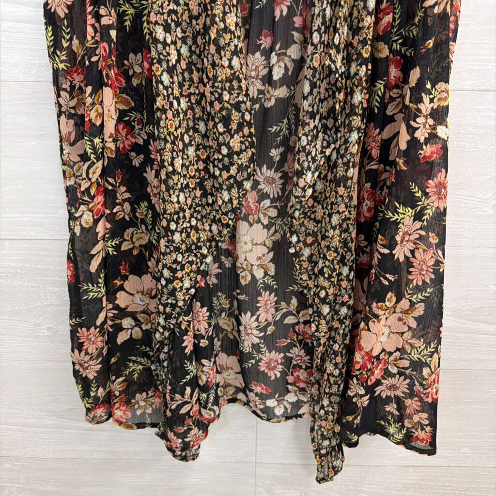 Black/ Multi Floral Print Open Front Sleeveless Kimono Top One Size
