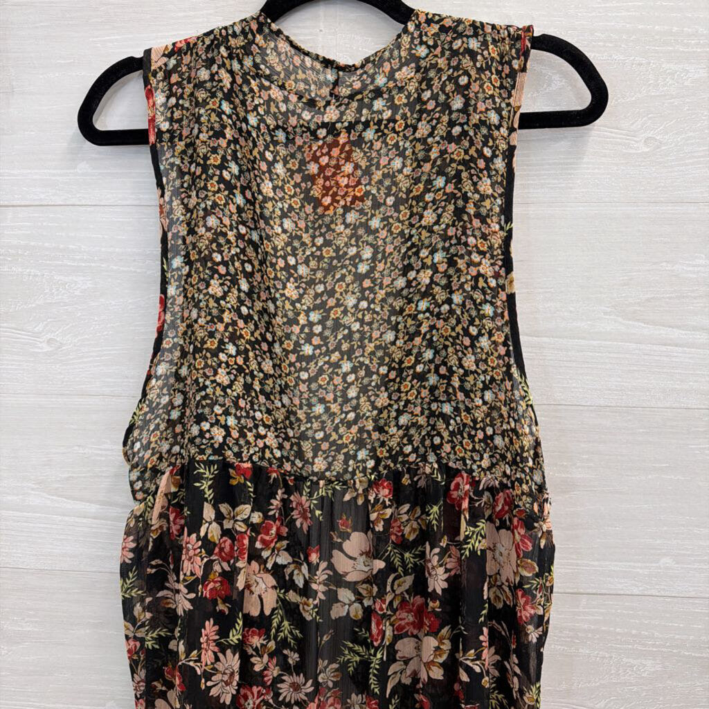 Black/ Multi Floral Print Open Front Sleeveless Kimono Top One Size