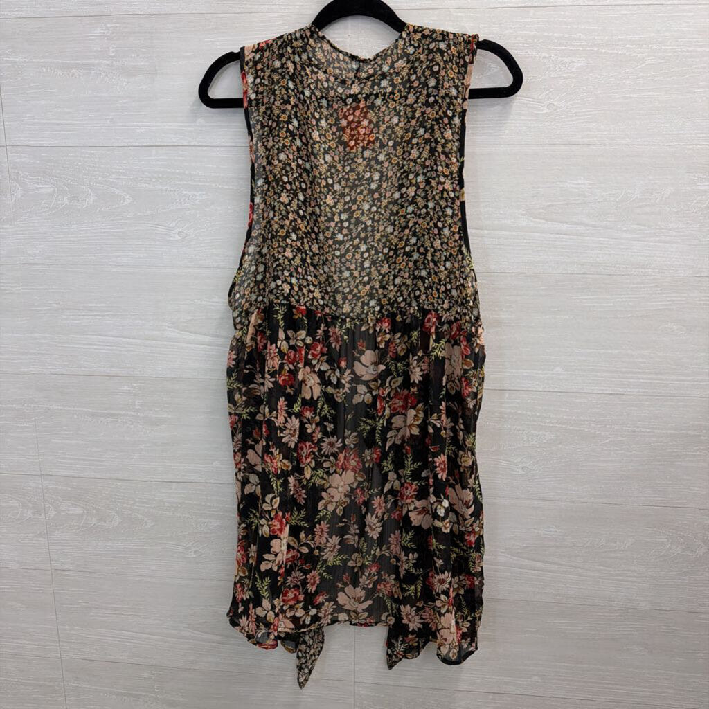 Black/ Multi Floral Print Open Front Sleeveless Kimono Top One Size