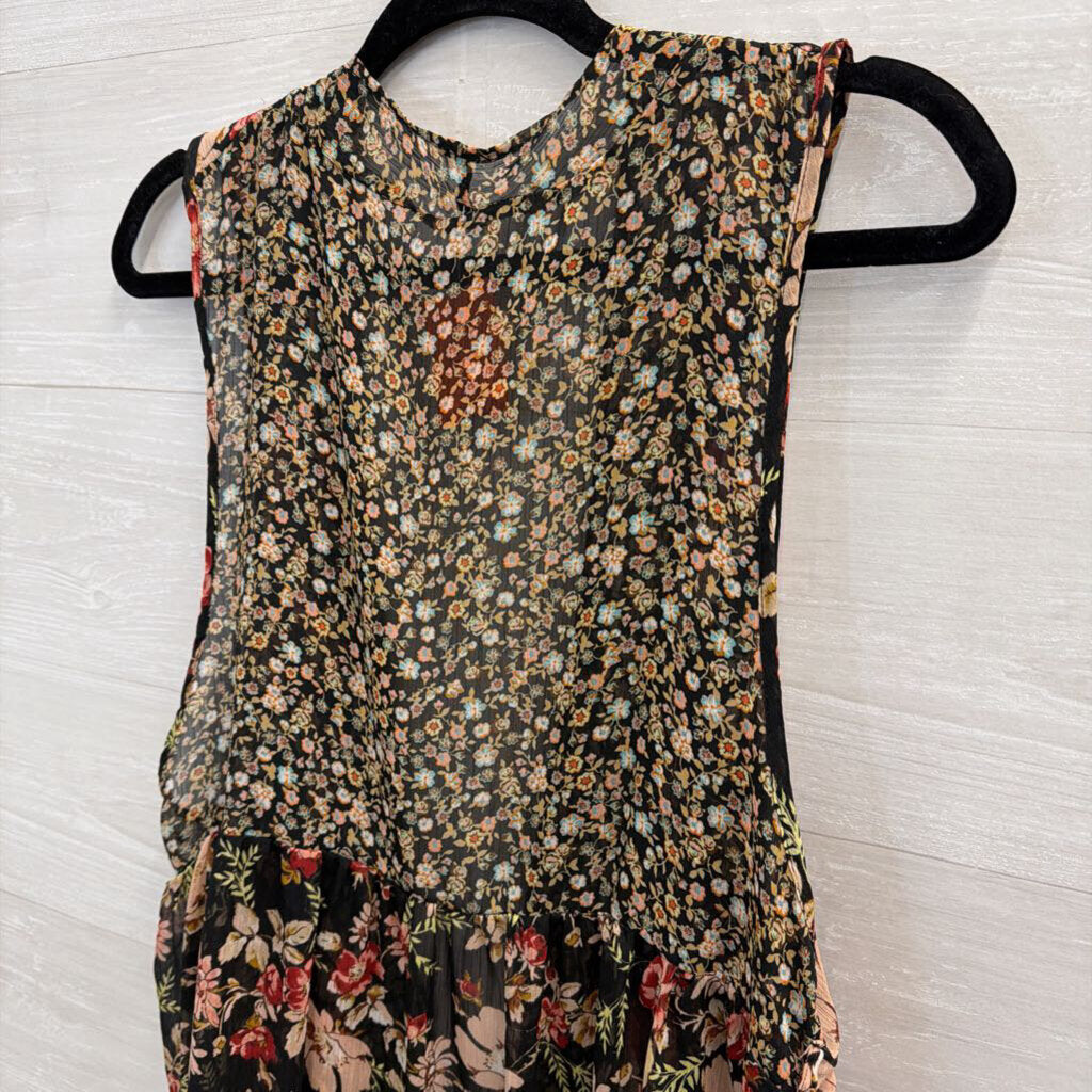 Black/ Multi Floral Print Open Front Sleeveless Kimono Top One Size