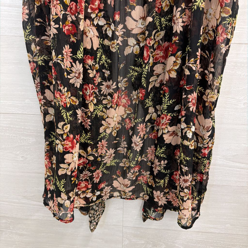 Black/ Multi Floral Print Open Front Sleeveless Kimono Top One Size