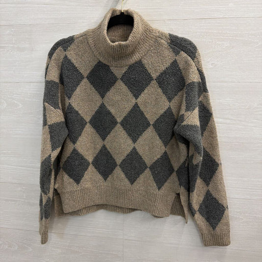Abercrombie and Fitch Beige/ Grey Diamond Print Cropped Turtleneck Sweater Small