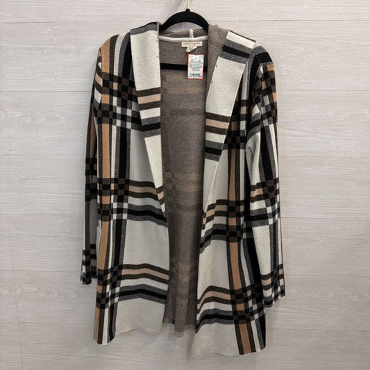 Christian Siriano White/ Black Plaid Long Sleeve Open Front Hooded Top Large