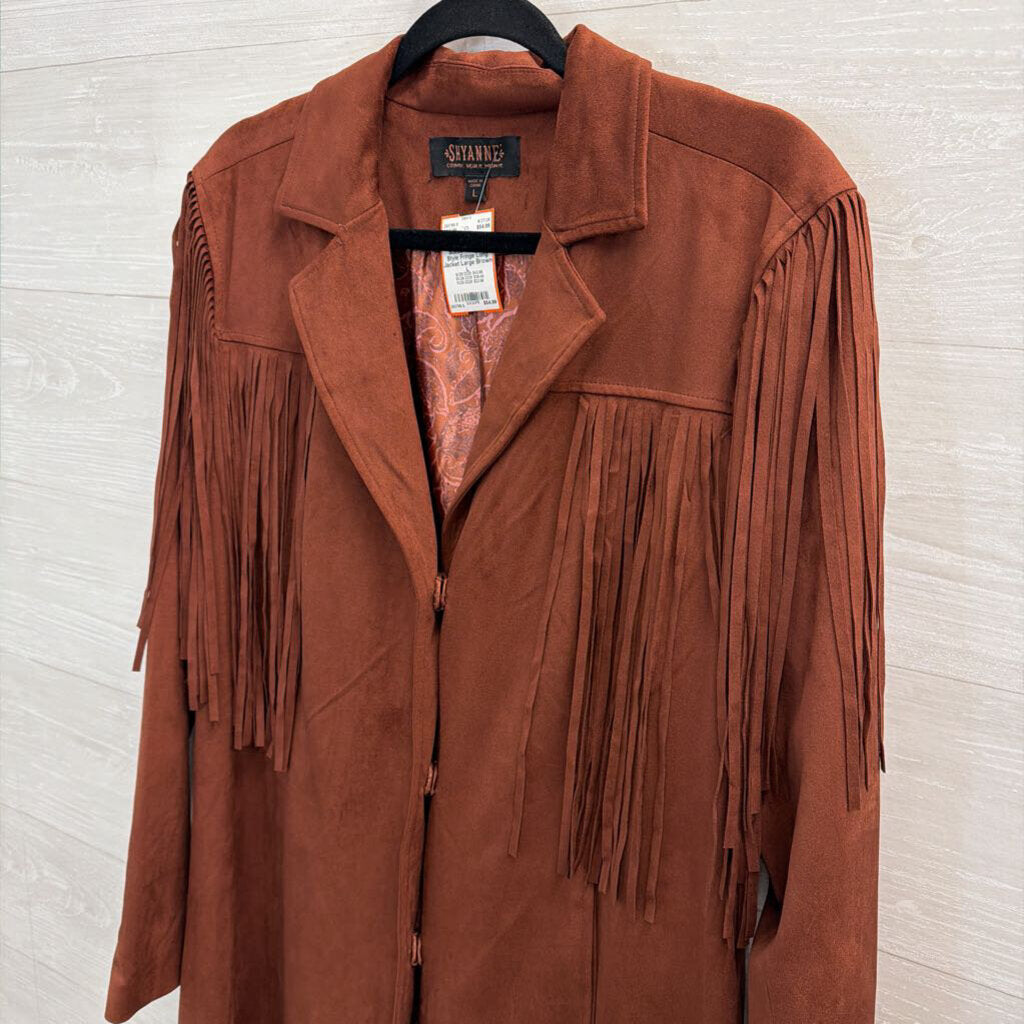 Shyanne Brown Faux Suede Western Style Fringe Long Jacket Large