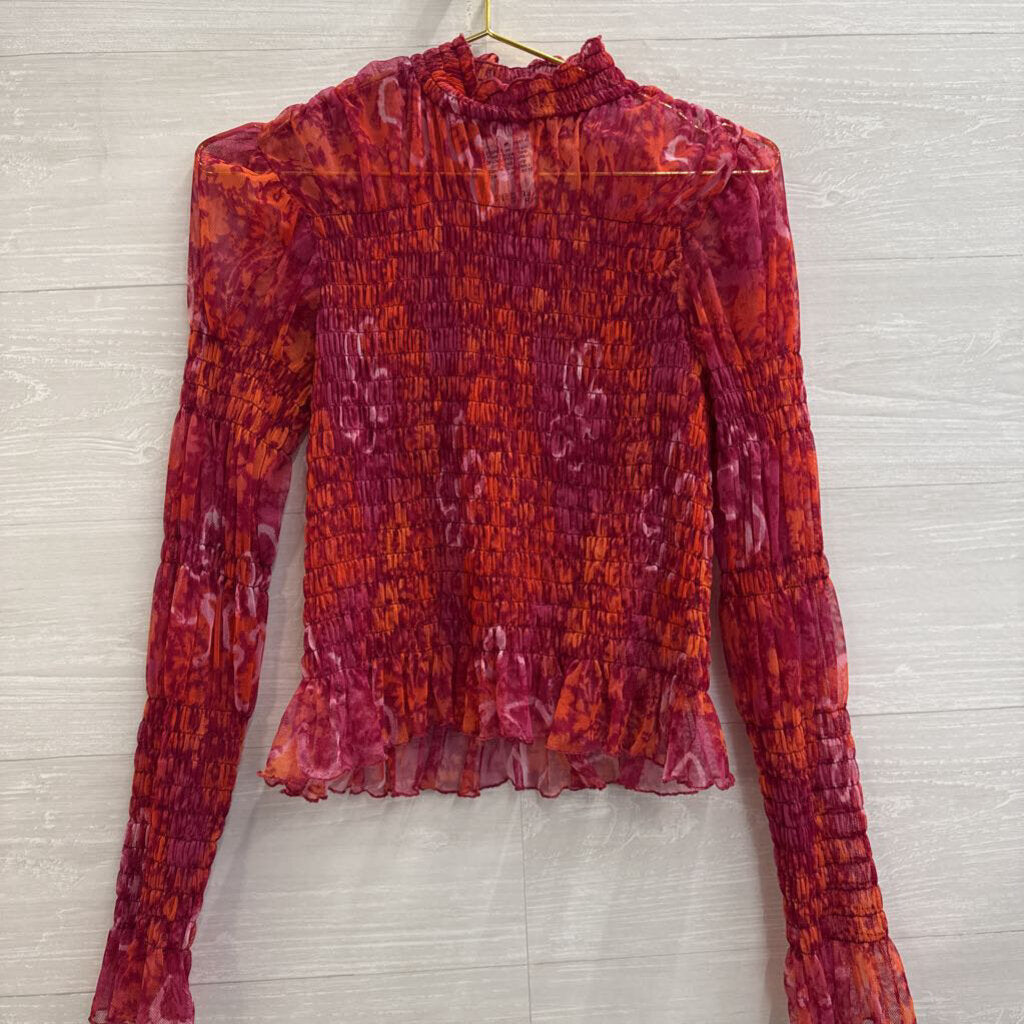 Free People Red/ Orange Print Sheer Smocked Long Sleeve Mock Neck Top Medium