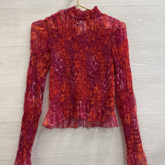 Free People Red/ Orange Print Sheer Smocked Long Sleeve Mock Neck Top Medium