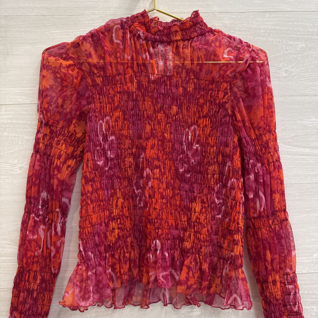 Free People Red/ Orange Print Sheer Smocked Long Sleeve Mock Neck Top Medium