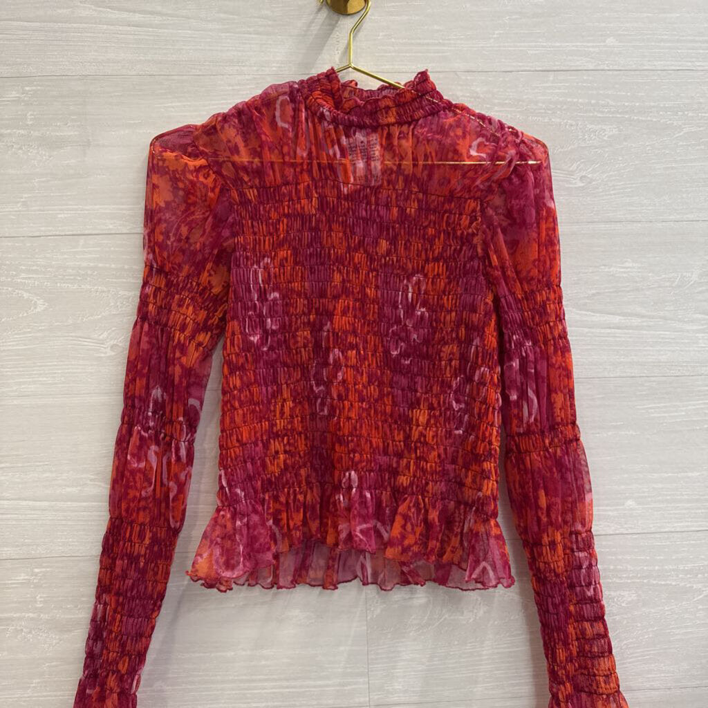 Free People Red/ Orange Print Sheer Smocked Long Sleeve Mock Neck Top Medium