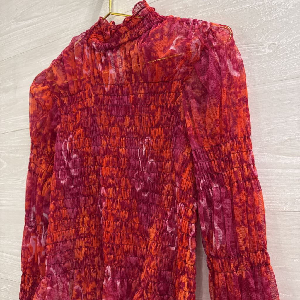 Free People Red/ Orange Print Sheer Smocked Long Sleeve Mock Neck Top Medium