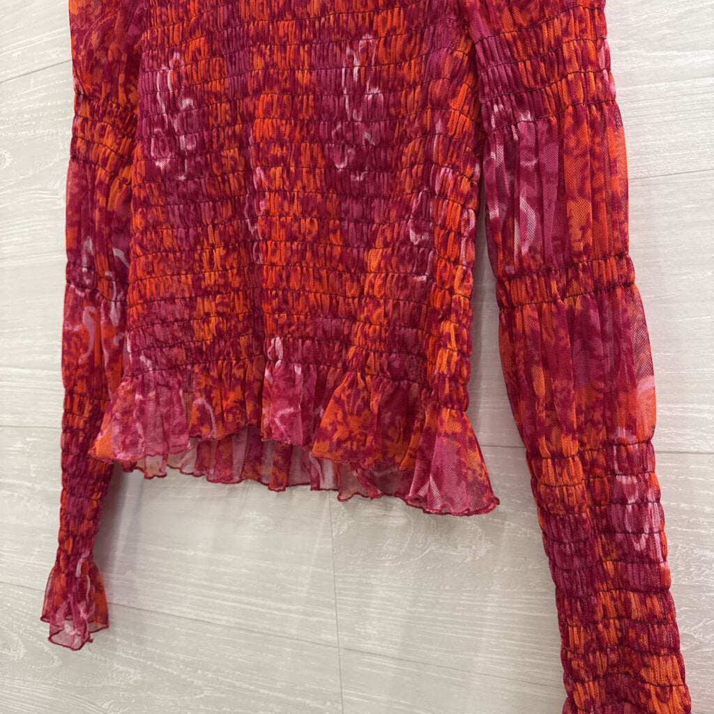 Free People Red/ Orange Print Sheer Smocked Long Sleeve Mock Neck Top Medium