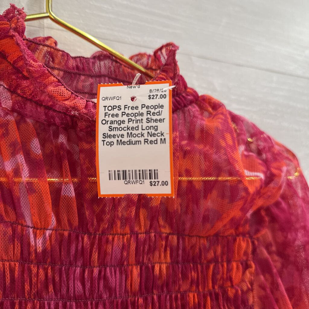 Free People Red/ Orange Print Sheer Smocked Long Sleeve Mock Neck Top Medium