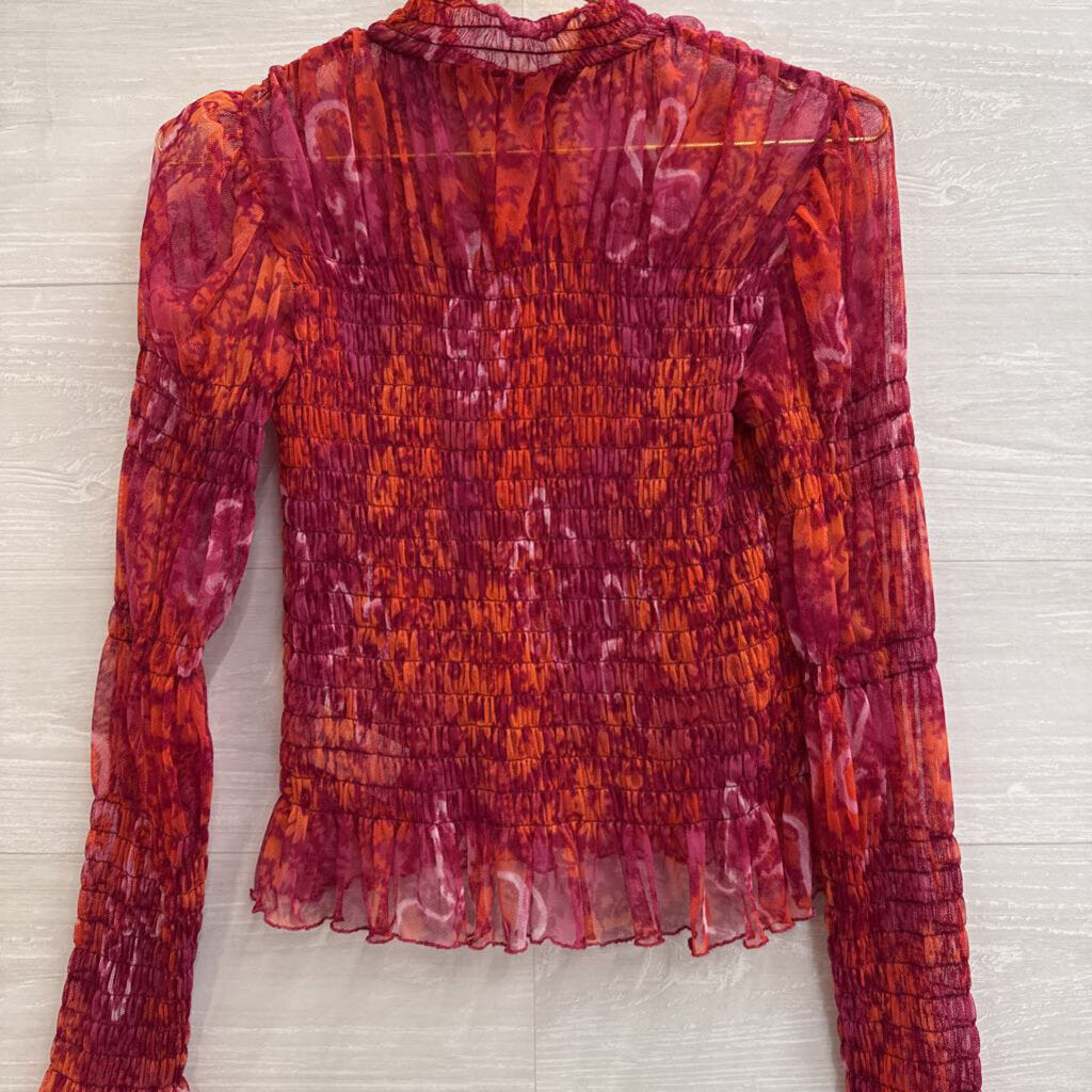 Free People Red/ Orange Print Sheer Smocked Long Sleeve Mock Neck Top Medium
