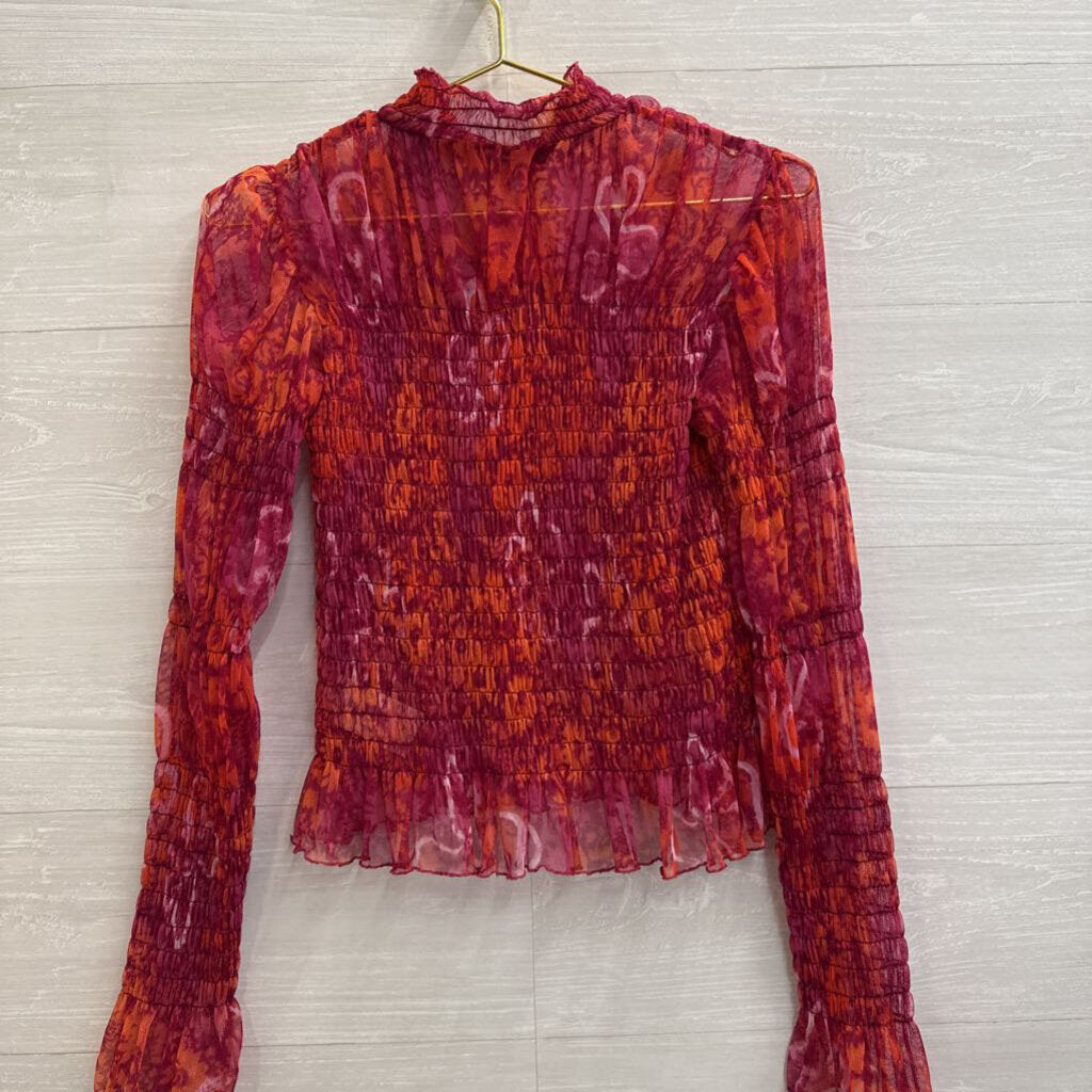 Free People Red/ Orange Print Sheer Smocked Long Sleeve Mock Neck Top Medium
