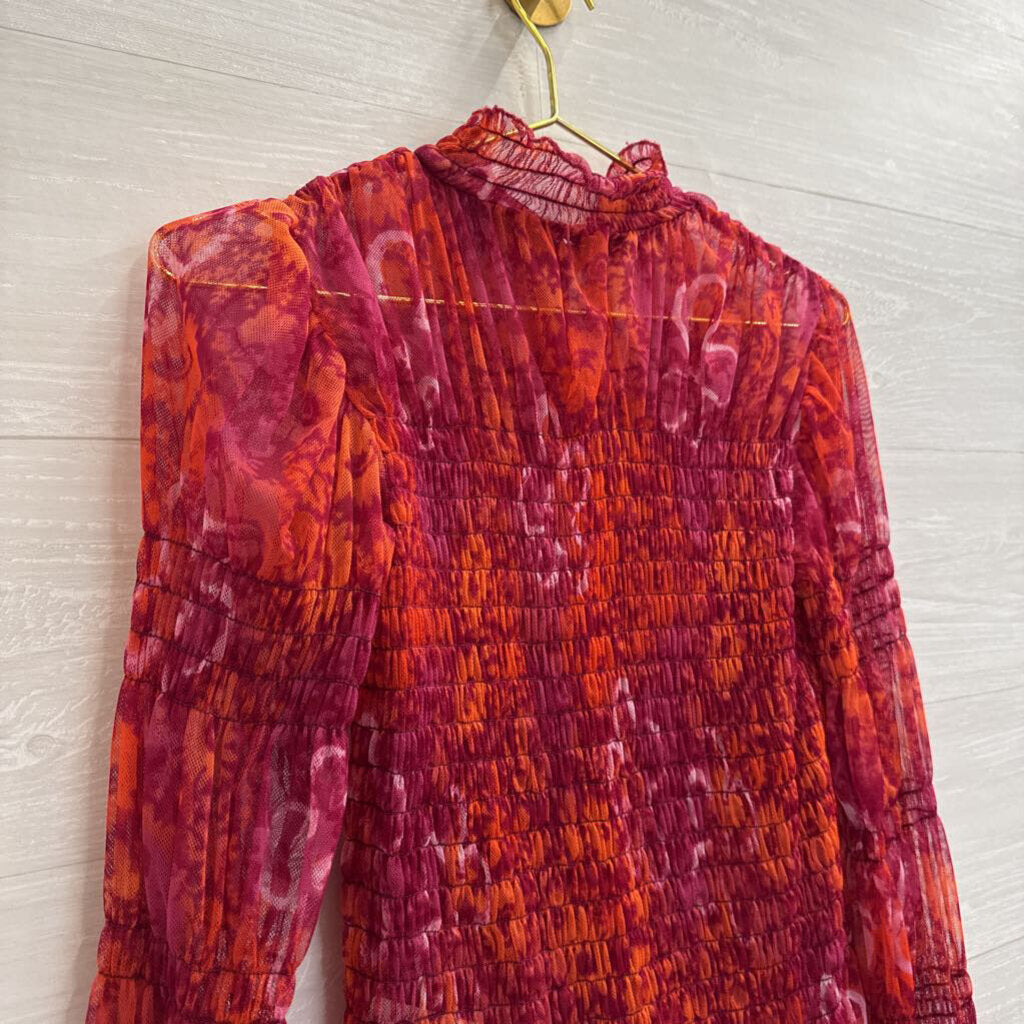 Free People Red/ Orange Print Sheer Smocked Long Sleeve Mock Neck Top Medium
