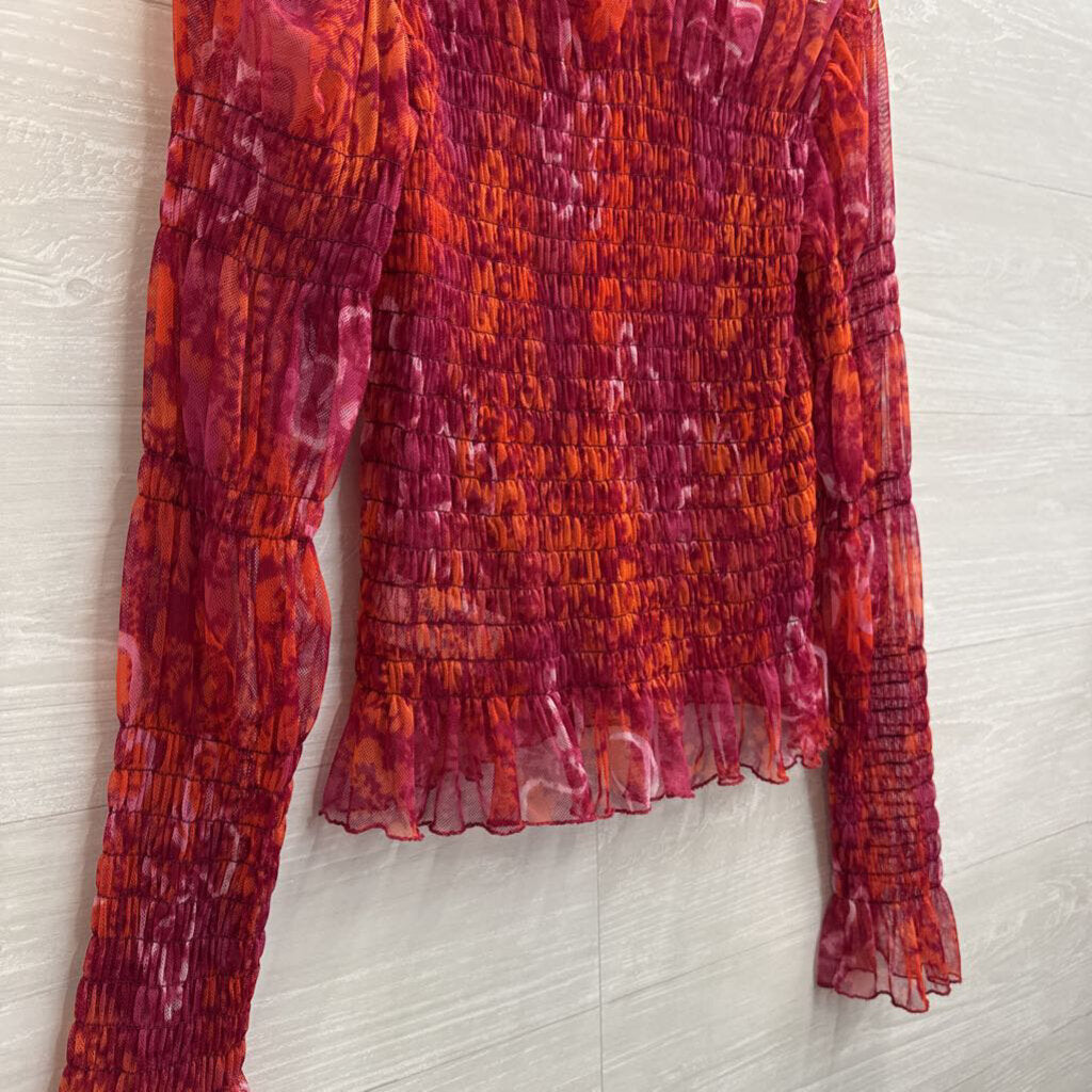 Free People Red/ Orange Print Sheer Smocked Long Sleeve Mock Neck Top Medium