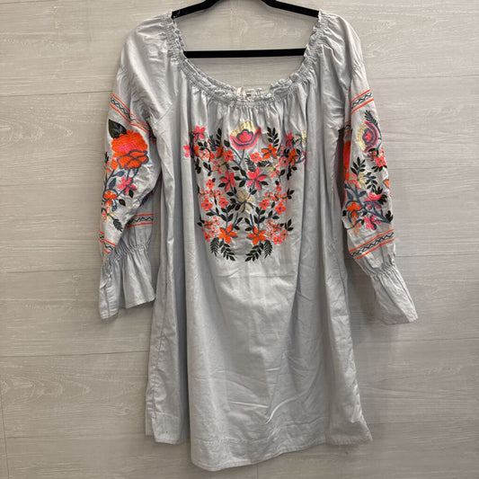 Free People Blue/ Bright Embroidered Off Shoulder Long Sleeve Dress Medium