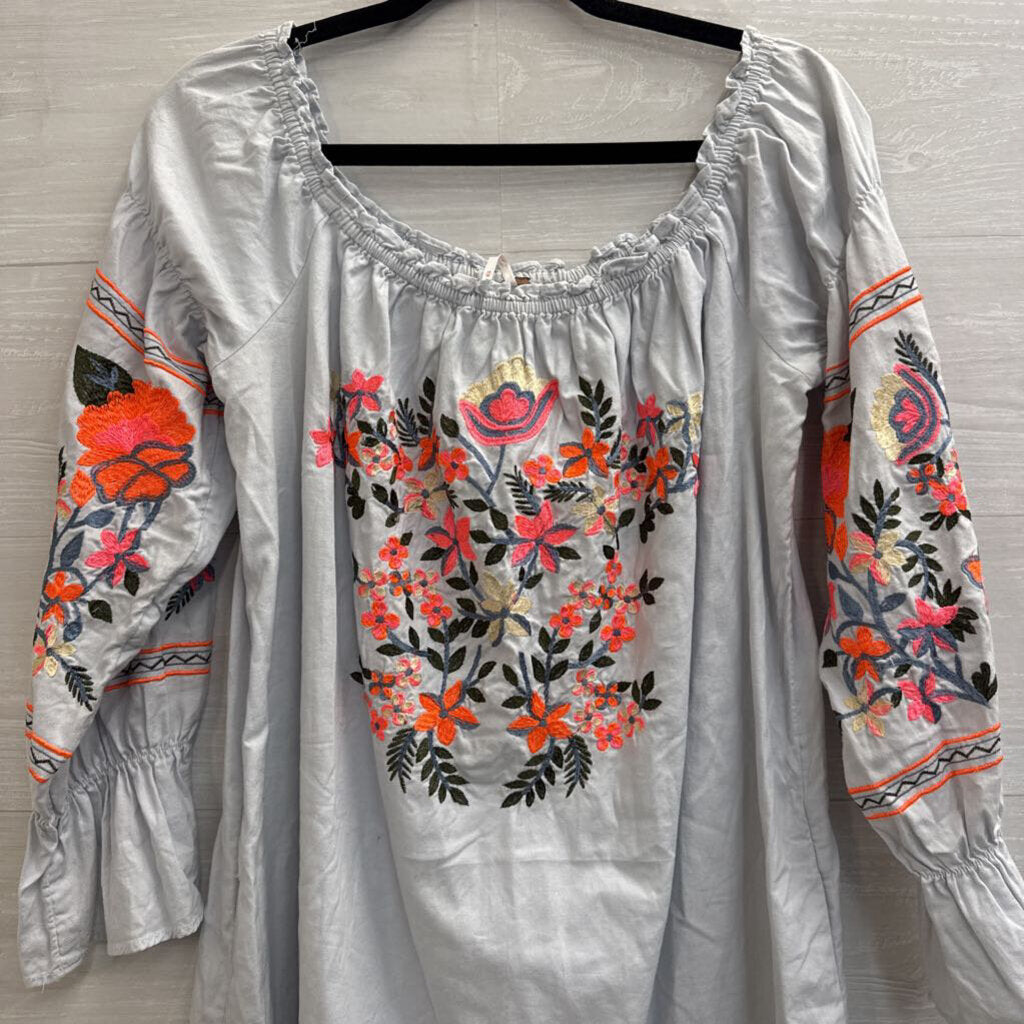 Free People Blue/ Bright Embroidered Off Shoulder Long Sleeve Dress Medium